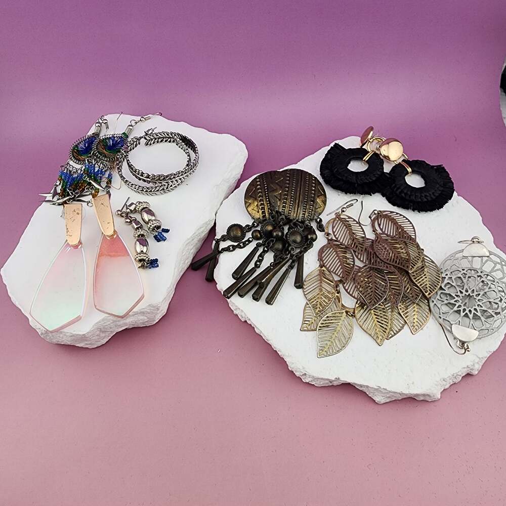 8 Pair Earring Lot Boho Statement Chandeliers Tassels Beads Mixed Metal Tones